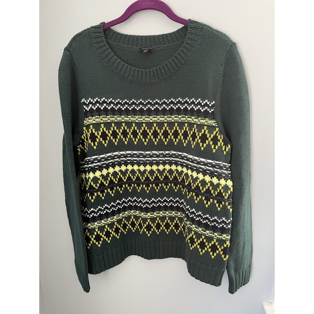 Talbots Women's Diamond Fair Isle Crewneck Sweater Green Yellow Size‎ L Boho